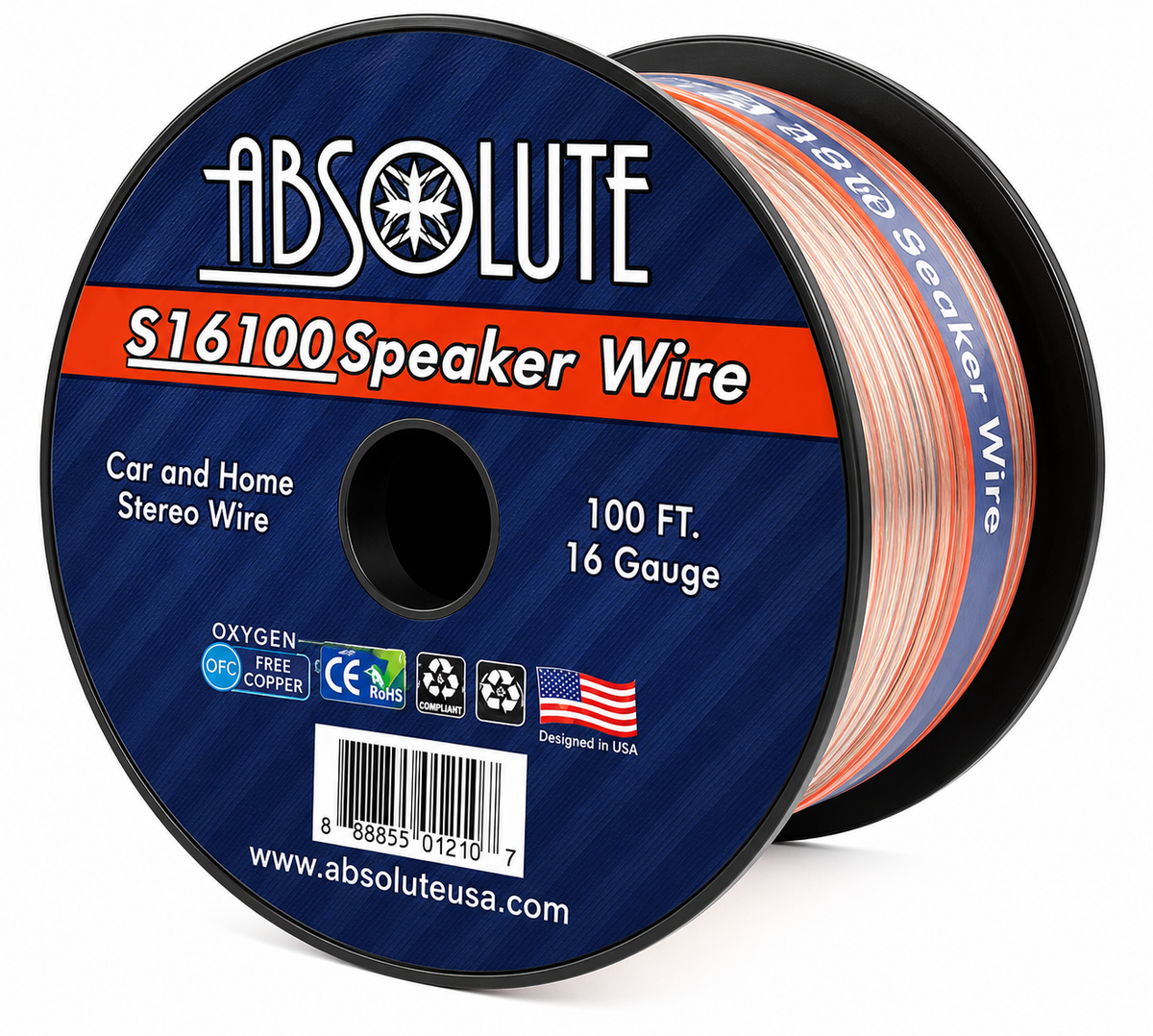 Absolute USA S16G100 16 Gauge 100 Feet Clear 2-Conductor Speaker Wire