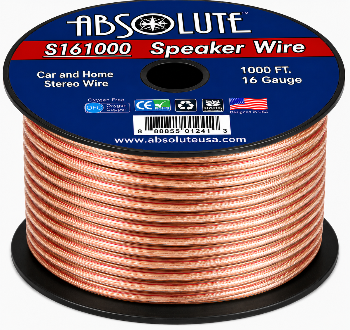 Absolute USA S16G1000 16 Gauge 1000 Feet Clear 2-Conductor Speaker Wire