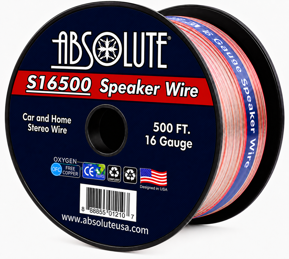 Absolute USA S16G500 16 Gauge 500 Feet Clear 2-Conductor Speaker Wire