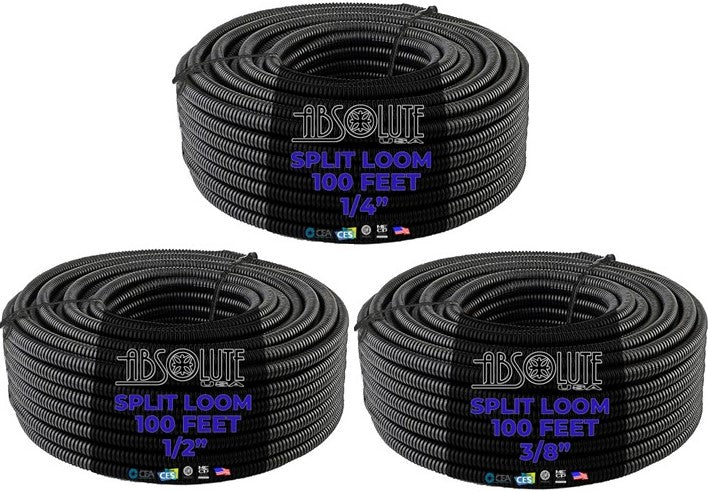 Absolute 3 Rolls 100 Feet Black 1/4" + 3/8" + 1/2" Split Loom